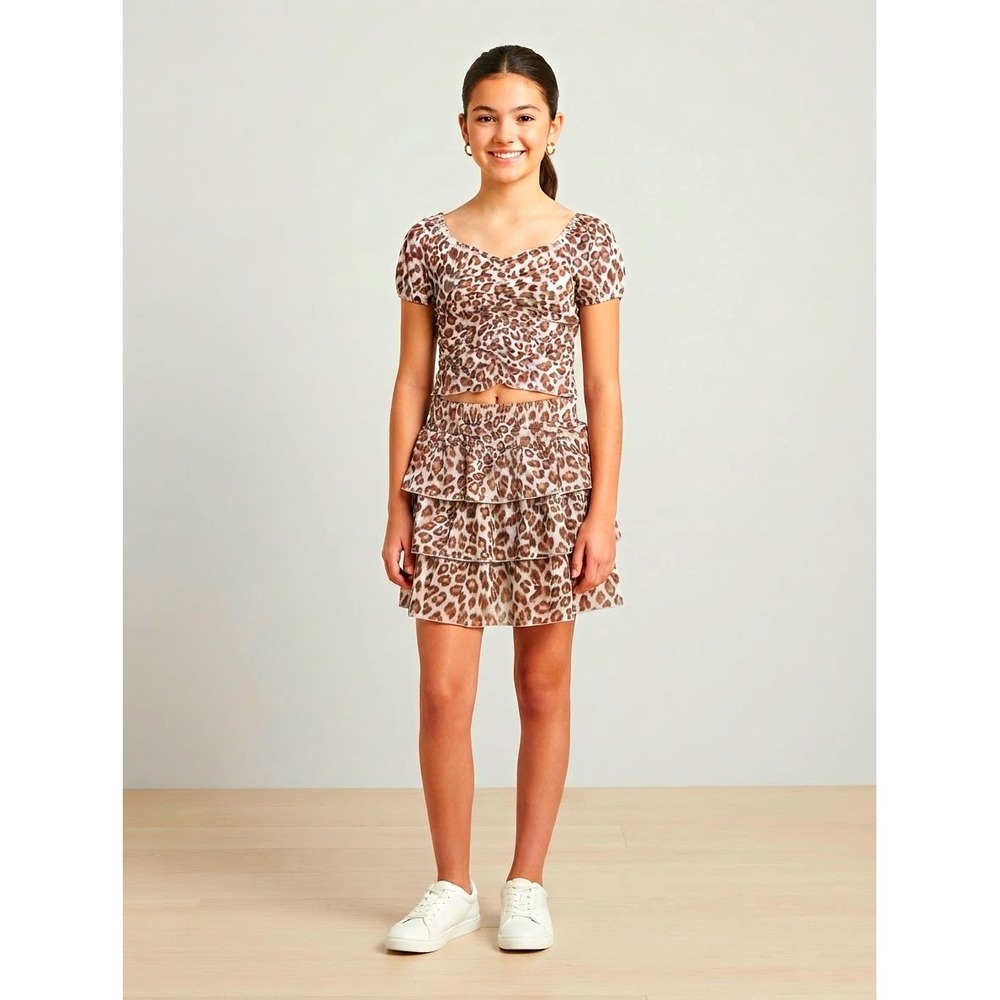Lilt Girls 2-Piece Outfit Set Leopard Print Top & Ruffle Skirt Ivory Mocha 14